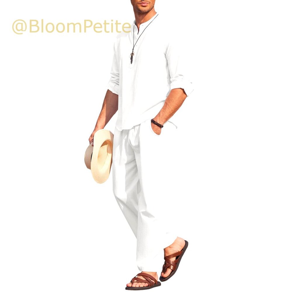 Cotton Linen 2 Piece Set Long Sleeve Henley Shirt Casual Beach Pants